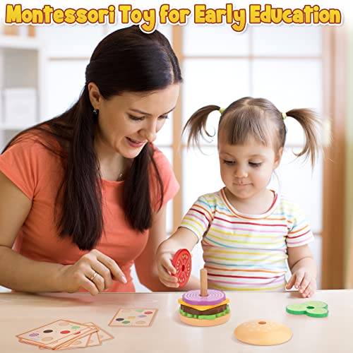 Aizweb Montessori, Stacking Toys- Wooden Burger for 3 Year Old Toddlers and Kids Preschool, Fine Motor Skill Educational Learning Toy, Blocks for Toddlers Gift