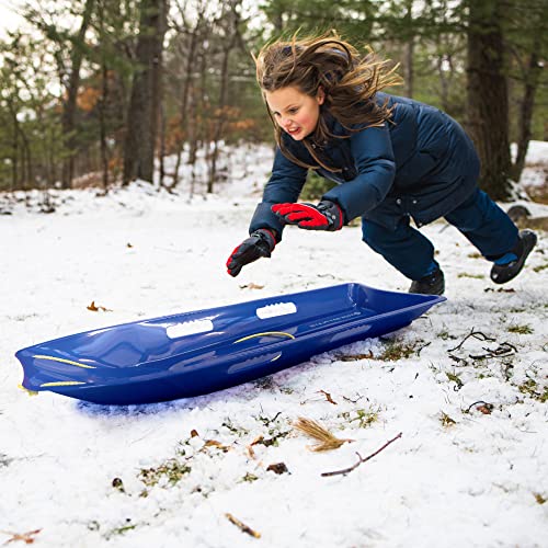 Back Bay Play 47 in 2 Pack Snow Sled Racer - High Density Plastic Sled 2 Person Toboggan with Pull Rope & 4 Handles Snow Sleds for Kids and Adult