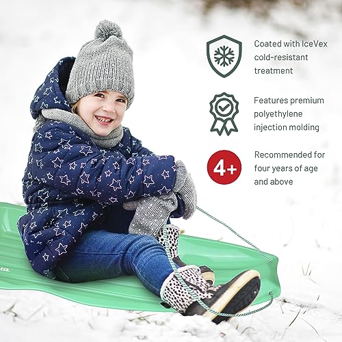Slippery Racer Downhill Xtreme Flexible Adults and Kids Plastic Toboggan Snow Sled for up to 2 Riders with Pull Rope and Handles, Green