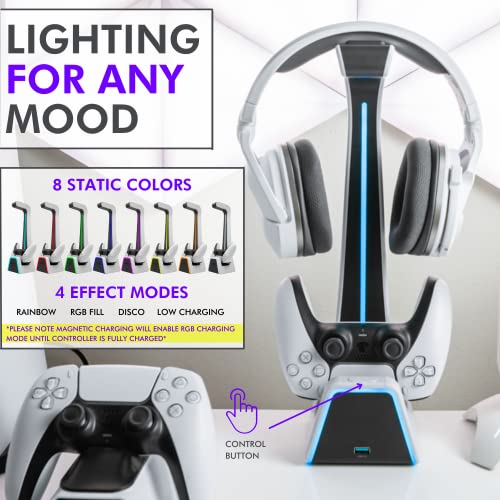 Tilted Nation RGB Headset and Controller Stand with Charging Station - for Playstation or PC - PS4 / PS5 Controller Holder with Charger - Headphone and Game Controller Holder for Desk - White
