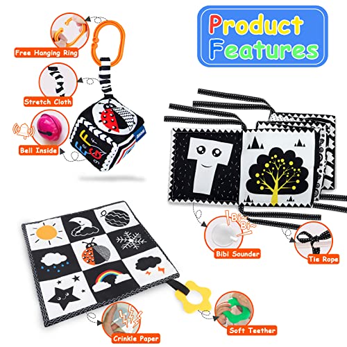 KUANGO 3 Pcs Black and White High Contrast Baby Toys 0-3 Months for Newborn, Montessori Toys for Babies Sensory Soft Book for Early Education, Infant Tummy Time Toys 0 6 9 Months Baby Essentials Gifts