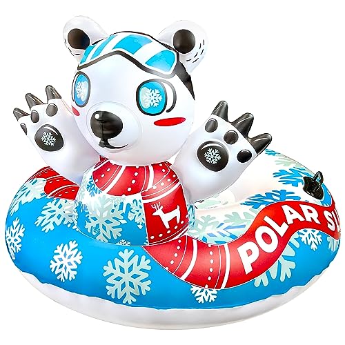 Sunlite Sports Polar Bear Snow Tube - Heavy Duty Snow Sled Toboggan for Winter, Inflatable Saucer with Dual Sealed Seams, Comfortable Grip Handles, Airtight Boston Valve, Repair Patch Kit