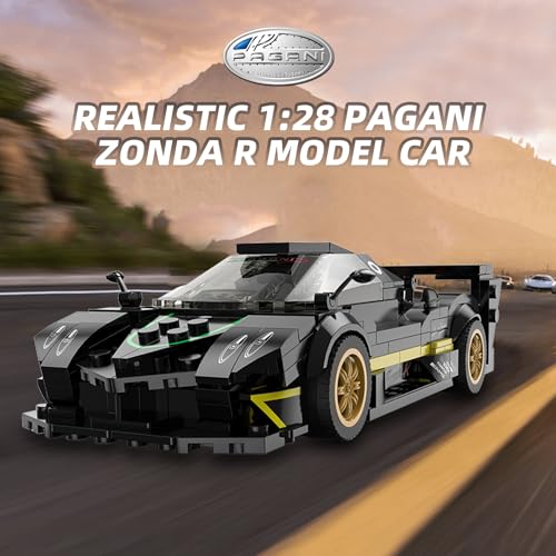 YYC by RASTAR 1:28 Pagani Zonda R Toy Car Model Building Kit, Collectible Sports Car Set with 387pcs Bricks, Removeable Roof, Free Wheel, Birthday Gift Idea for Boys, Girls, and Kids Ages 6 Plus Black