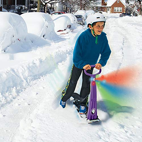 Geospace Original Winter Fun Ski Skooter Sled with Single LED Light: Fold-up Portable Snowboard Kick-Scooter Sled for Use on Snow (Purple)