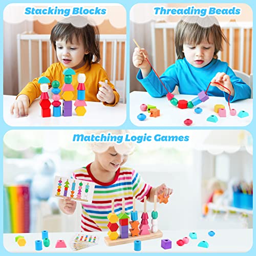 Montessori Wooden Beads Sequencing Toy Set, Stacking Blocks & Lacing Beads & Matching Shape Stacker for 2 3 4 5 Year Old STEM Preschool Learning Montessori Toys Gifts for Kids Boy Girl Toddler