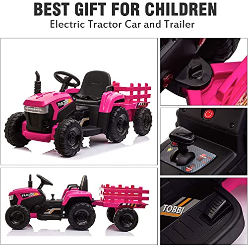 TOBBI 12v Battery-Powered Toy Tractor with Trailer and 35W Dual Motors,3-Gear-Shift Ground Loader Ride On with LED Lights and USB Audio Functions in Rose Red