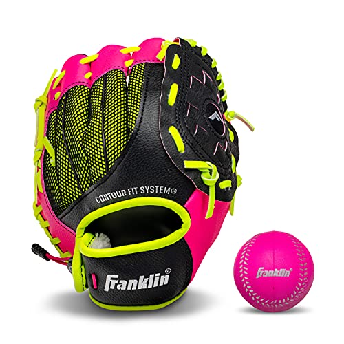 Franklin Sports Teeball Glove - Left and Right Handed Youth Fielding Glove - Neo-Grip - Synthetic Leather Baseball Glove - 9.0 Inch Right Hand Throw - Ready To Play Glove with Ball - Pink