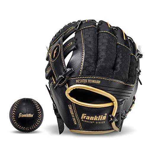 Franklin Sports Kids Baseball Gloves - Meshtek Child's Teeball Glove + Ball Set - Boys + Girls Teeball Mitt Set - Left Hand Throw - 9.5" - Black/Gold