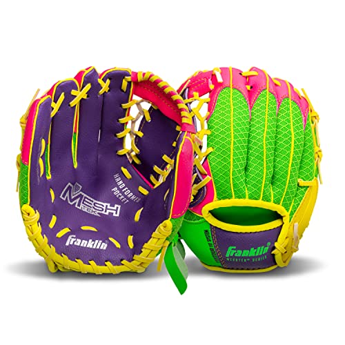 Franklin Sports Teeball Glove - Left and Right Handed Youth Fielding Glove - Meshtek Series - Synthetic Leather Baseball Glove - Ready To Play Glove - 9.5 Inch Left Hand Throw with Ball - Purple/Pink/Yellow