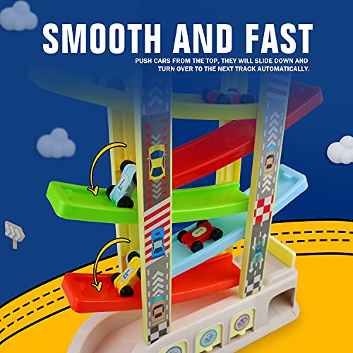 Montessori Toys for 2 3 Year Old Boys Toddlers, Car Ramp Toys with 6 Cars & Race Tracks, Garages and Parking Lots, Ramp Racer Toy Gift for Boys Girls Age 18 Months and Up Multicolor