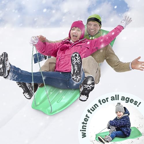Slippery Racer Downhill Xtreme Flexible Adults and Kids Plastic Toboggan Snow Sled for up to 2 Riders with Pull Rope and Handles, Green