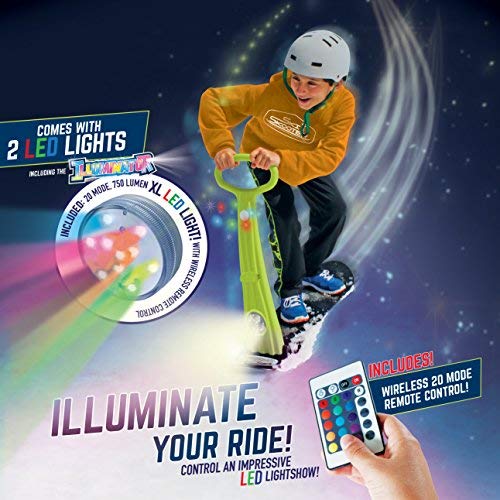 Twin LED Illuminator Ski Skooter Snow Sled by Geospace with 2 LED Lights for Winter Fun & Max Visibility: Fold-up Portable Snowboard Kick-Scooter Sled for Use on Snow (Green)