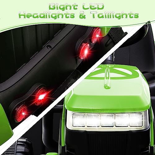 TOBBI 12v Battery-Powered Toy Tractor with Trailer and 35W Dual Motors,3-Gear-Shift Ground Loader Ride On with LED Lights and USB Audio Functions, Green