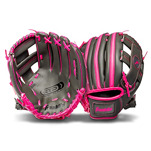 Franklin Sports unisex youth Right Handed Thrower Kids Baseball Gloves RTP Child s Tball Ball Set Boys Girls Teeball Mit, Graphite/Pink, 9.5 US