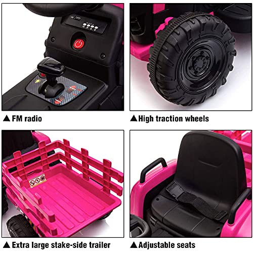 TOBBI 12v Battery-Powered Toy Tractor with Trailer and 35W Dual Motors,3-Gear-Shift Ground Loader Ride On with LED Lights and USB Audio Functions in Rose Red