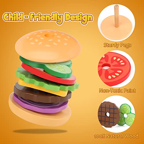 Aizweb Montessori, Stacking Toys- Wooden Burger for 3 Year Old Toddlers and Kids Preschool, Fine Motor Skill Educational Learning Toy, Blocks for Toddlers Gift