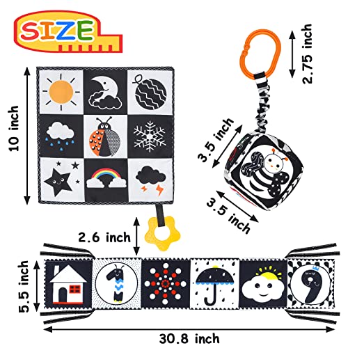 KUANGO 3 Pcs Black and White High Contrast Baby Toys 0-3 Months for Newborn, Montessori Toys for Babies Sensory Soft Book for Early Education, Infant Tummy Time Toys 0 6 9 Months Baby Essentials Gifts