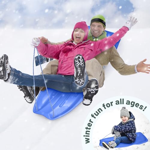 Slippery Racer Downhill Xtreme Flexible Adults and Kids Plastic Toboggan Snow Sled for Up to 2 Riders with Pull Rope and Handles, Blue