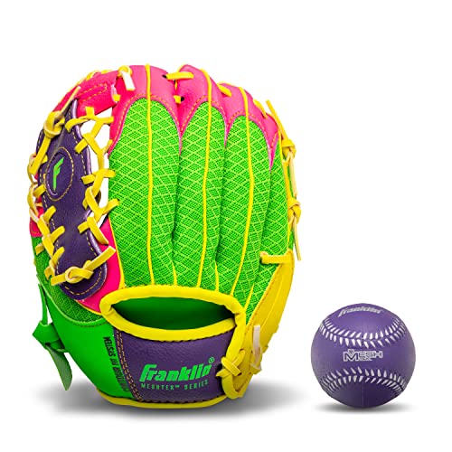 Franklin Sports Teeball Glove - Left and Right Handed Youth Fielding Glove - Meshtek Series - Synthetic Leather Baseball Glove - Ready To Play Glove - 9.5 Inch Left Hand Throw with Ball - Purple/Pink/Yellow