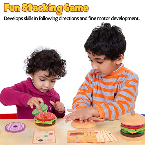 Aizweb Montessori, Stacking Toys- Wooden Burger for 3 Year Old Toddlers and Kids Preschool, Fine Motor Skill Educational Learning Toy, Blocks for Toddlers Gift