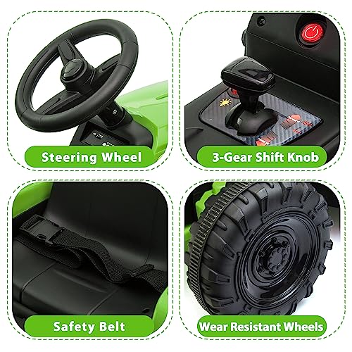 TOBBI 12v Battery-Powered Toy Tractor with Trailer and 35W Dual Motors,3-Gear-Shift Ground Loader Ride On with LED Lights and USB Audio Functions, Green