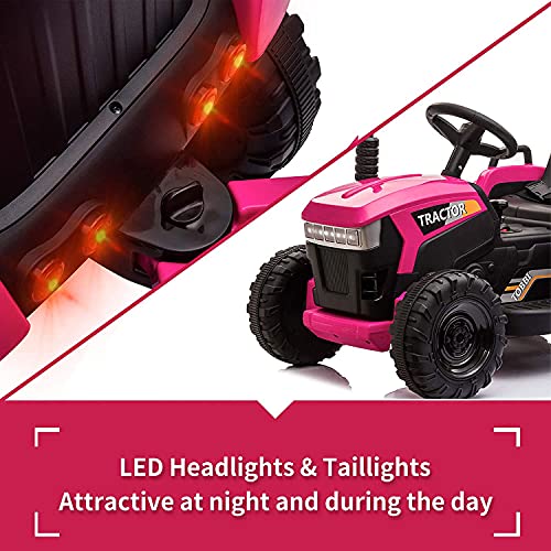 TOBBI 12v Battery-Powered Toy Tractor with Trailer and 35W Dual Motors,3-Gear-Shift Ground Loader Ride On with LED Lights and USB Audio Functions in Rose Red
