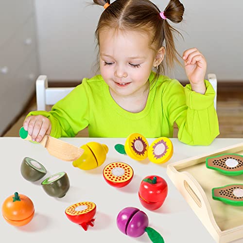 Wooden Play Food Sets for Toddlers Kitchen Accessories Cutting Montessori Toys for 2 Year Old Kids Pretend Play Fake Fruit Vegetable Toddler Toys 2-3 4 Years Girls Boys Christmas Birthday Gifts