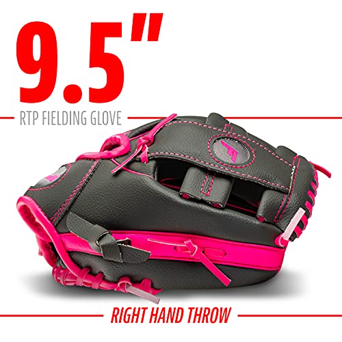 Franklin Sports unisex youth Right Handed Thrower Kids Baseball Gloves RTP Child s Tball Ball Set Boys Girls Teeball Mit, Graphite/Pink, 9.5 US