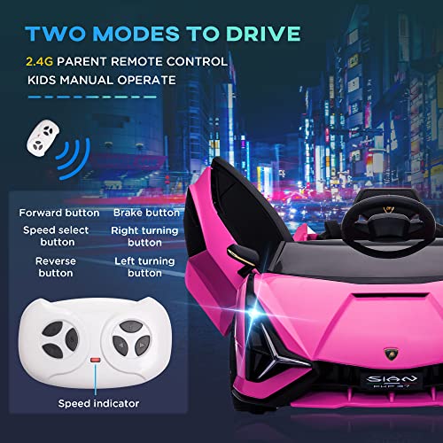 Aosom Lamborghini SIAN Licensed Kids Ride On Car, 12V Battery Powered Electric Sports Car Toy with Remote Control, Horn, Music, & Headlights for 3-5 Years Old, Pink