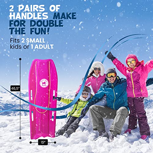 Back Bay Play 47 in 2 Pack Snow Sled Racer - High Density Plastic Sled 2 Person Toboggan with Pull Rope & 4 Handles Snow Sleds for Kids and Adult