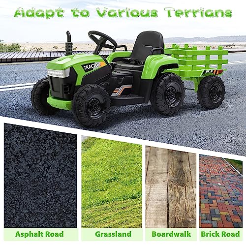 TOBBI 12v Battery-Powered Toy Tractor with Trailer and 35W Dual Motors,3-Gear-Shift Ground Loader Ride On with LED Lights and USB Audio Functions, Green