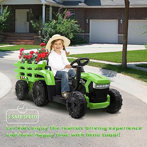 TOBBI 12v Battery-Powered Toy Tractor with Trailer and 35W Dual Motors,3-Gear-Shift Ground Loader Ride On with LED Lights and USB Audio Functions, Green