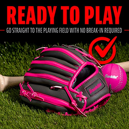 Franklin Sports unisex youth Right Handed Thrower Kids Baseball Gloves RTP Child s Tball Ball Set Boys Girls Teeball Mit, Graphite/Pink, 9.5 US
