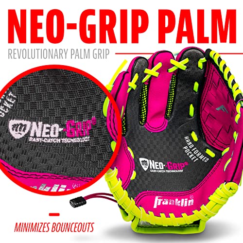 Franklin Sports Teeball Glove - Left and Right Handed Youth Fielding Glove - Neo-Grip - Synthetic Leather Baseball Glove - 9.0 Inch Left Hand Throw - Ready To Play Glove with Ball - Pink