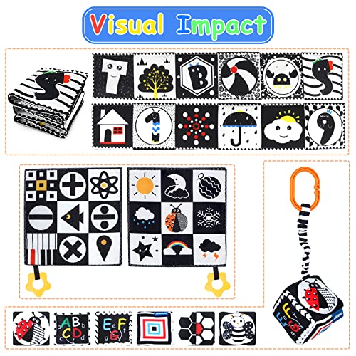 KUANGO 3 Pcs Black and White High Contrast Baby Toys 0-3 Months for Newborn, Montessori Toys for Babies Sensory Soft Book for Early Education, Infant Tummy Time Toys 0 6 9 Months Baby Essentials Gifts