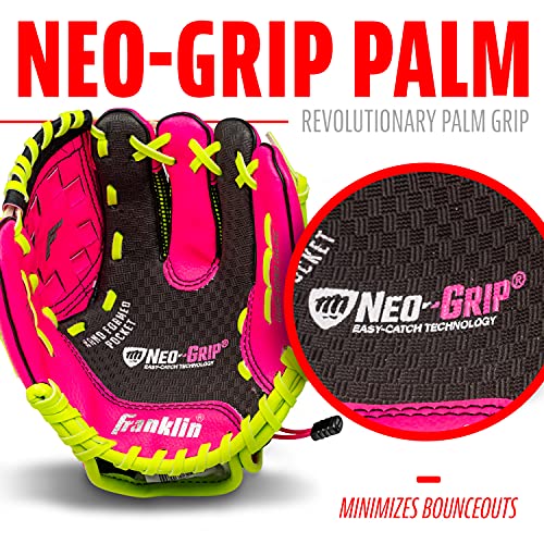 Franklin Sports Teeball Glove - Left and Right Handed Youth Fielding Glove - Neo-Grip - Synthetic Leather Baseball Glove - 9.0 Inch Right Hand Throw - Ready To Play Glove with Ball - Pink