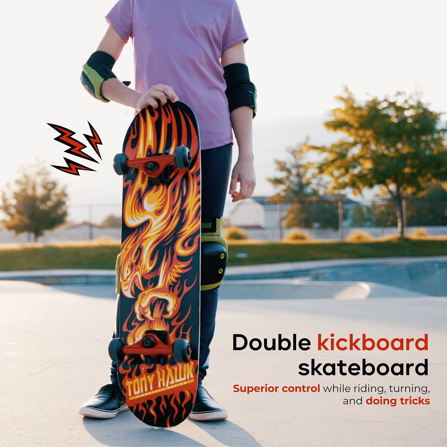 Tony Hawk 31 inch Skateboard, Tony Hawk Signature Series 4, 9-ply Maple Deck Skateboard for Cruising, Carving, Tricks and Downhill, Flame Hawk