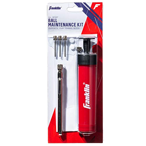 Franklin Sports Ball Pump Kit -7.4" - Perfect for Basketballs, Soccer Balls and More - Complete Hand Pump Kit with Needles, Flexible Hose, Air Pressure Gauge and Carry Bag,Red