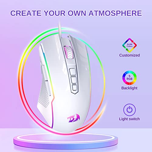 Redragon Gaming Mouse, Wired Gaming Mouse with RGB Backlit, 8000 DPI Adjustable, PC Gaming Mice with 9 Programmable Macro Buttons & Fire Button, PC Gaming Mouse for Windows/Mac, White