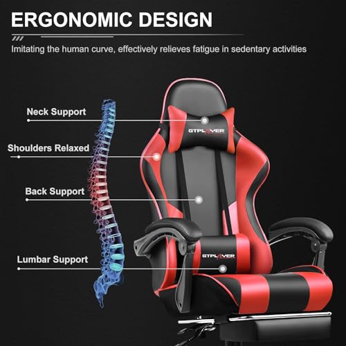 GTPLAYER Gaming Chair, Computer Chair with Footrest and Lumbar Support, Height Adjustable Game Chair with 360°-Swivel Seat and Headrest and for Gaming (Red)