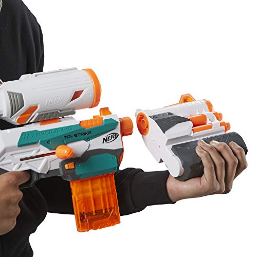 Nerf Modulus Tri-Strike Blaster, Mega Barrel, Rocket Launcher, Clip, 10 Nerf Elite Darts, 4 Nerf Mega Darts, 1 Rocket, Kids Outdoor Games (Amazon Exclusive)