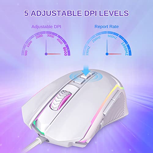 Redragon Gaming Mouse, Wired Gaming Mouse with RGB Backlit, 8000 DPI Adjustable, PC Gaming Mice with 9 Programmable Macro Buttons & Fire Button, PC Gaming Mouse for Windows/Mac, White