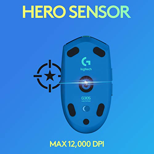 Logitech G305 LIGHTSPEED Wireless Gaming Optical Mouse, Hero 12K Sensor, 12,000 DPI, Lightweight, 6 Programmable Buttons, 250h Battery Life, On-Board Memory, PC/Mac - Blue