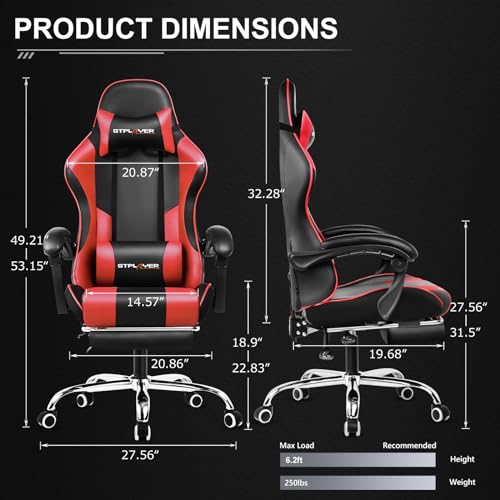 GTPLAYER Gaming Chair, Computer Chair with Footrest and Lumbar Support, Height Adjustable Game Chair with 360°-Swivel Seat and Headrest and for Gaming (Red)