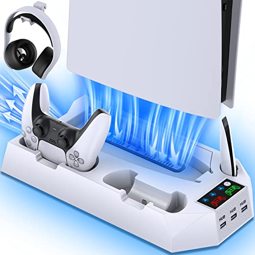 PS5 Stand and Cooling Station with Dual Controller Charging Station for Playstation 5 Console, PS5 Accessories Incl. Cooling fan, Headset holder, 3 USB Hub, Media Slot, Screw White