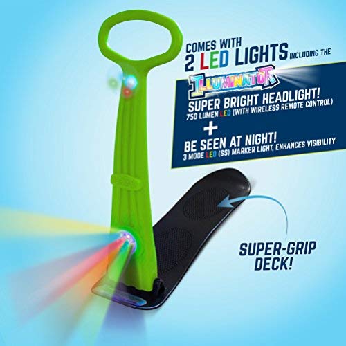 Twin LED Illuminator Ski Skooter Snow Sled by Geospace with 2 LED Lights for Winter Fun & Max Visibility: Fold-up Portable Snowboard Kick-Scooter Sled for Use on Snow (Green)