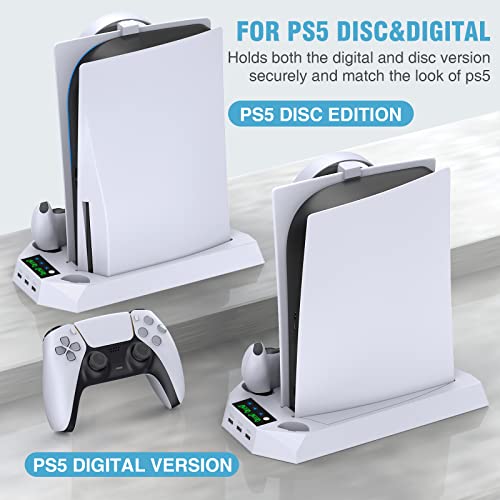 PS5 Stand and Cooling Station with Dual Controller Charging Station for Playstation 5 Console, PS5 Accessories Incl. Cooling fan, Headset holder, 3 USB Hub, Media Slot, Screw White