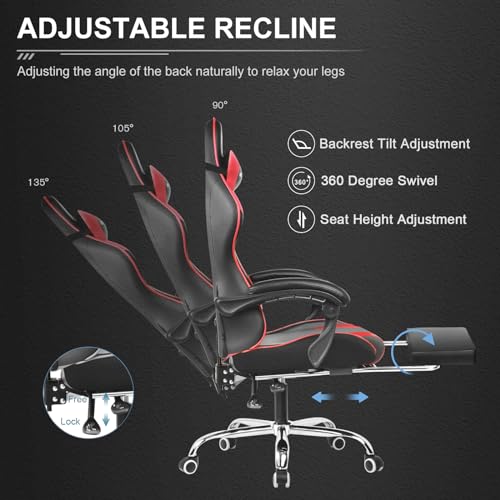 GTPLAYER Gaming Chair, Computer Chair with Footrest and Lumbar Support, Height Adjustable Game Chair with 360°-Swivel Seat and Headrest and for Gaming (Red)