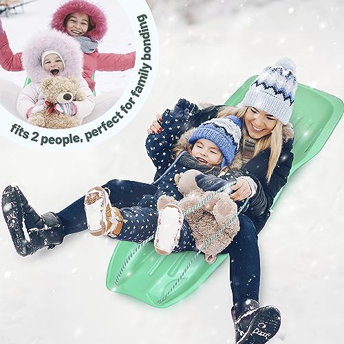 Slippery Racer Downhill Xtreme Flexible Adults and Kids Plastic Toboggan Snow Sled for up to 2 Riders with Pull Rope and Handles, Green
