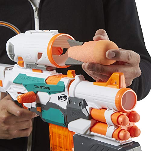 Nerf Modulus Tri-Strike Blaster, Mega Barrel, Rocket Launcher, Clip, 10 Nerf Elite Darts, 4 Nerf Mega Darts, 1 Rocket, Kids Outdoor Games (Amazon Exclusive)